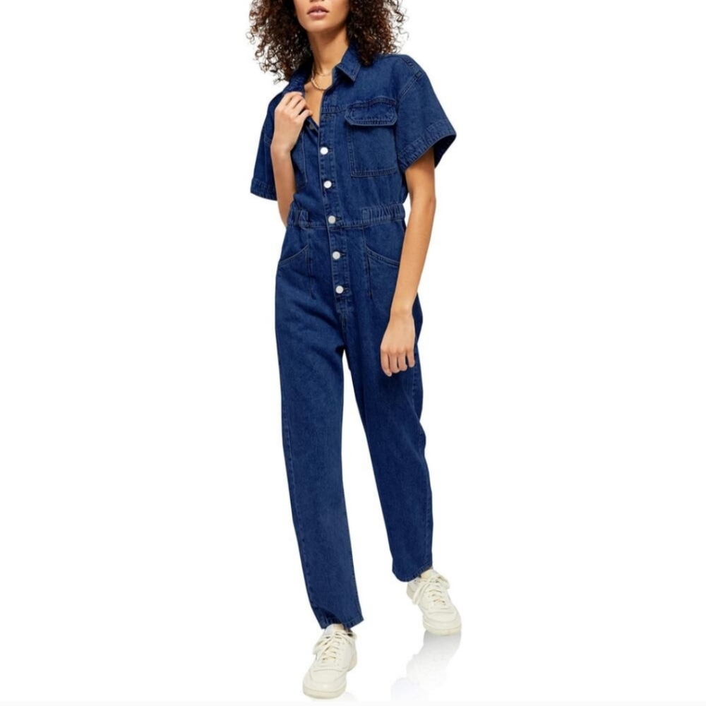 Womens Short Sleeve Denim Jumpsuit Button Down Elastic Waist Jeans Long Pants